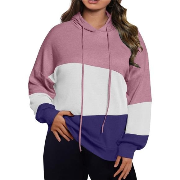 Women Plus Size Hoodies Sweatshirts Long Sleeve Colorblock Drawstring Hooded Top - Picture 5 of 8